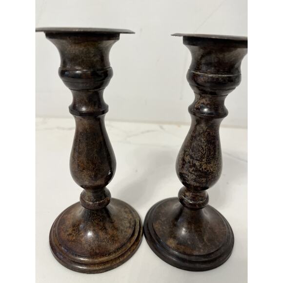 Candlesticks, Candle Holders, Pair of 2 Brown Painted Metal 6.5 High - Picture 2 of 5